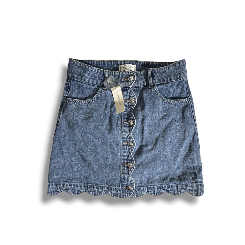 Harper Heritage Womans Medium Denim Scalloped Design Button Up Jean Mini Skirt